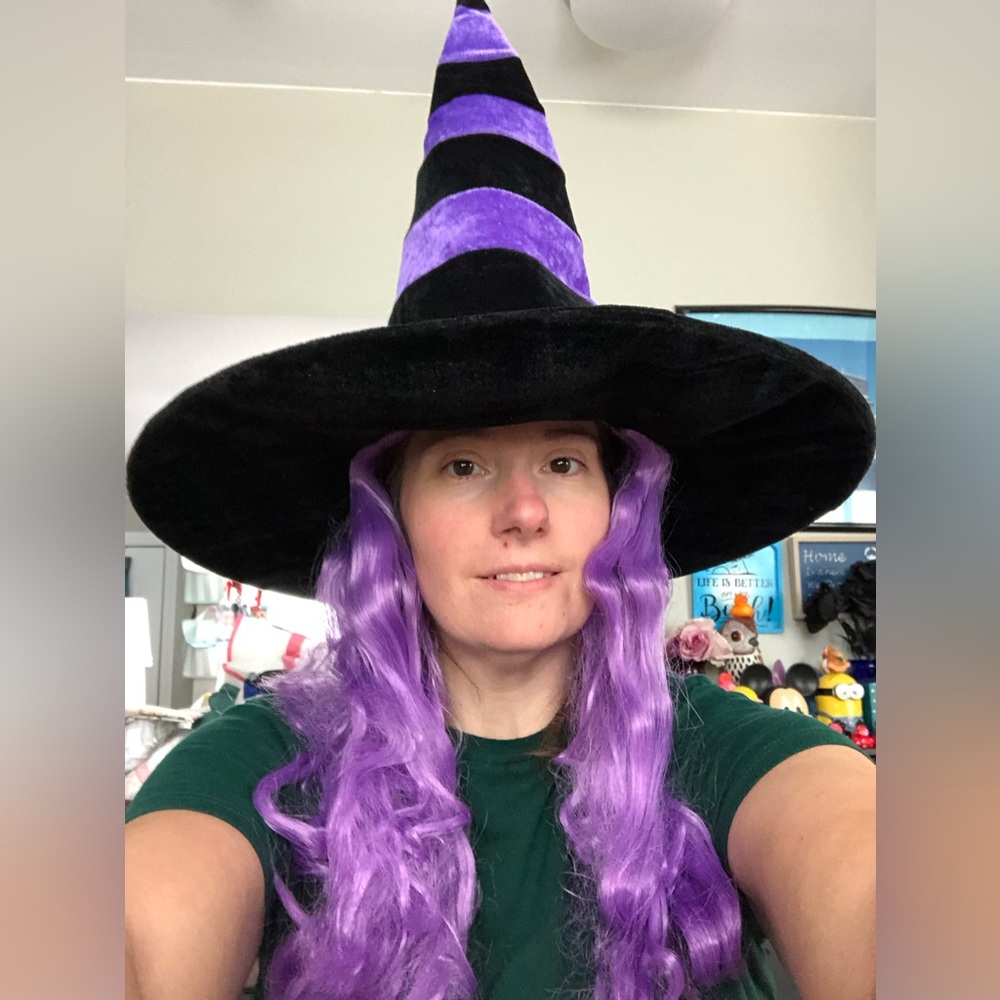 🔥 Velvet Witch Striped Hat with Purple Wig Attachment